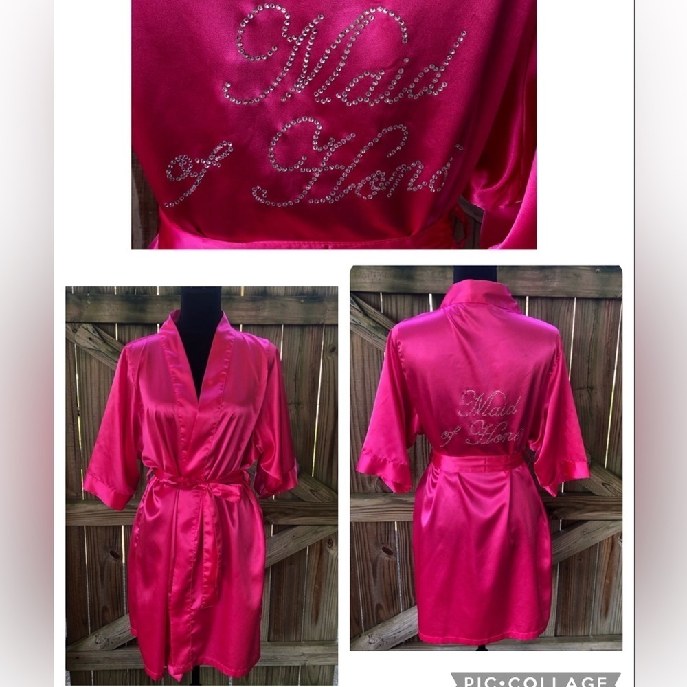Maid of Honor Rhinestone Fuchsia Pink Satin Robe & Belt David’s Bridal Size S-M